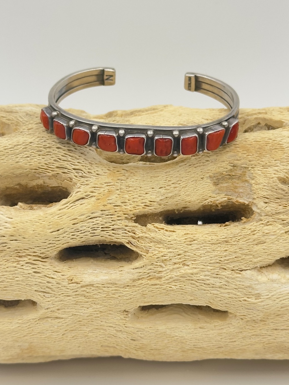 Heavy Gauge Neil Thomas Navajo Sterling Silver & Red Coral Row Cuff Bracelet